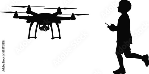 a boy controls drone with remote control silhouette on transparent background