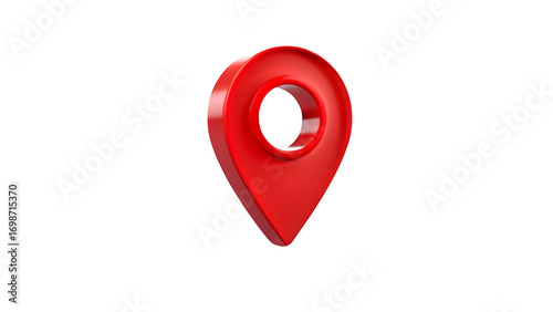 A shiny red location pin on a plain black background view