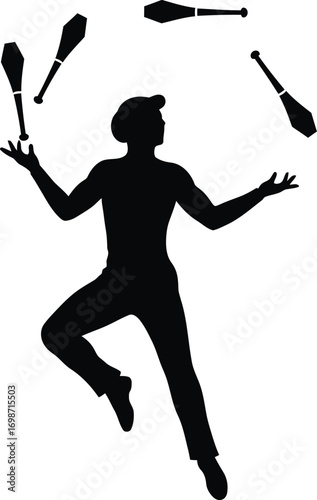 a juggler performing with clubs silhouette on transparent background