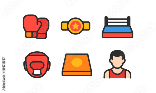 Combat sports icon set featuring boxing gloves, championship belt, and boxing ring for sports design projects