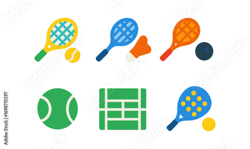 Vibrant racquet sports icons for design projects and recreational themes