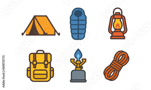 Essential camping gear icons for outdoor adventures and design projects