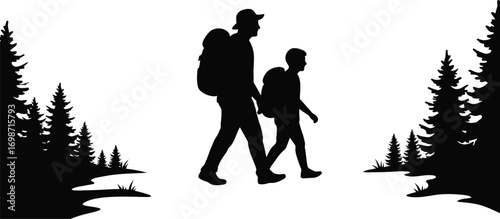 two hikers walking through forest silhouette on transparent background