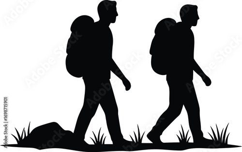 two people walking together with backpacks silhouette on transparent background