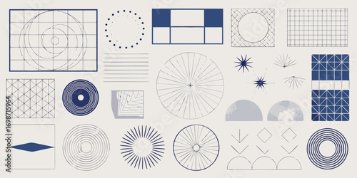 Abstract geometric shapes and patterns in blue and gray on a light background