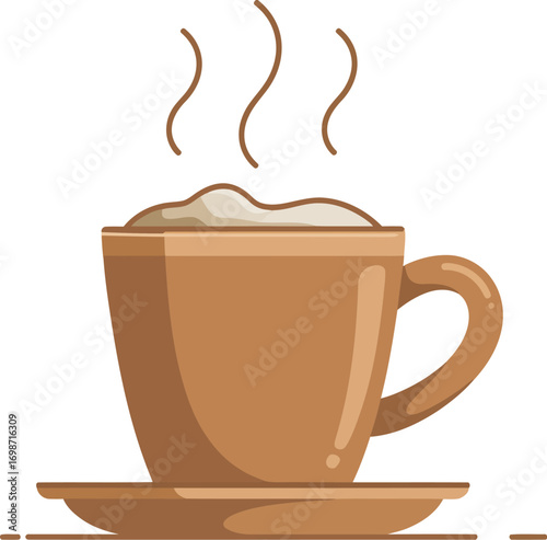 Warm frothy coffee cup with steam rising, a comforting start to the day.