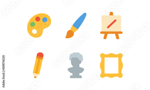 Creative art class icons featuring palette, brush, easel, pencil, sculpture, and frame for design and education