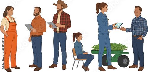 Vector illustration of modern farmers using digital technology in agriculture, teamwork, innovation, smart farming solutions, agribusiness development, and sustainable practices.