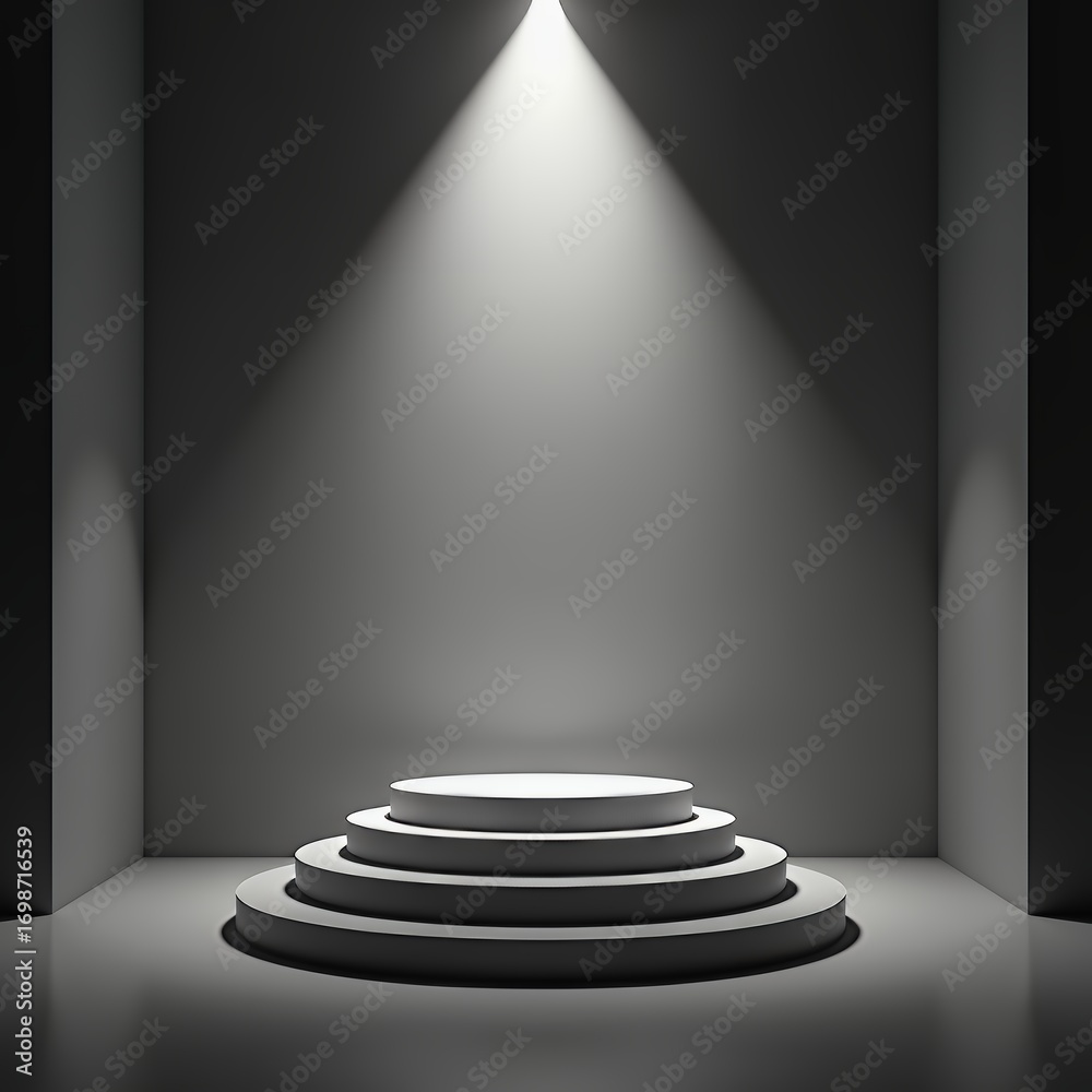 Obraz premium A spotlight illuminates a minimalist, tiered white podium in a dark, empty room, creating a dramatic, focused atmosphere.