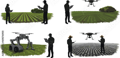 Vector illustration of smart farming technology with drones, robots, and farmers using laptops for modern agriculture, crop monitoring, and precision farming.