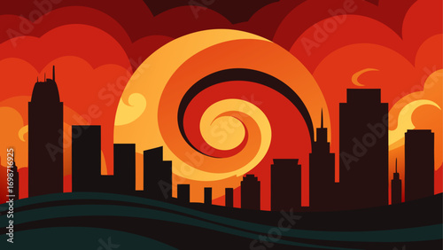City skyline with sunset and spiral sun