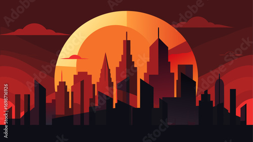 City skyline at sunset with orange colors