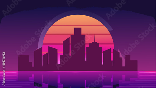 Retro cityscape silhouette at sunset time