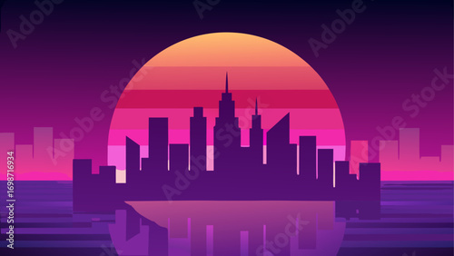 Silhouette city with sunset reflection art
