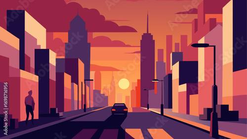 City street with car and sunset backdrop