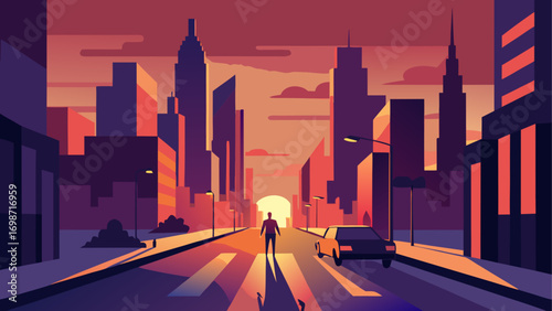 Person walking toward sunset in city view