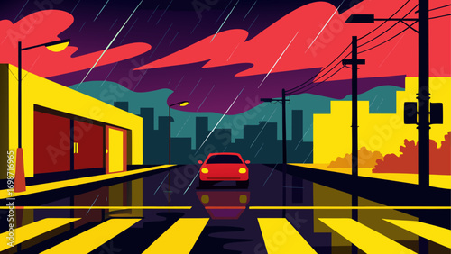 Red car driving on a rainy city street