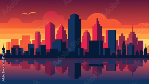 Stylized cityscape silhouette at sunset