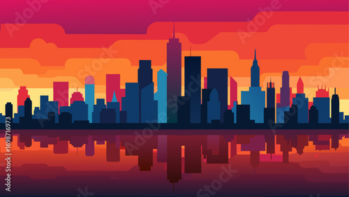 City skyline reflected at sunset colors