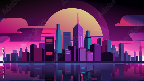 Cityscape silhouette with sunset horizon