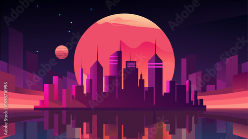 Cityscape silhouette with moon reflection