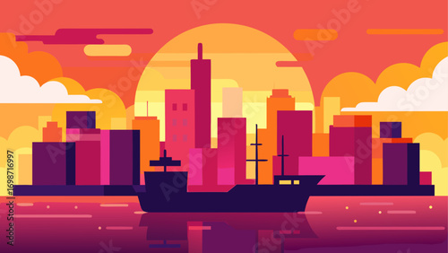 Cityscape with ship and sunset background