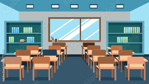 Illustration of a classroom with desks and