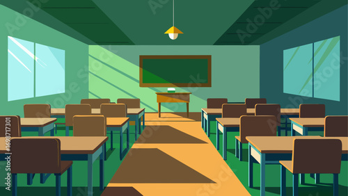 Classroom scene with desks and chalkboard