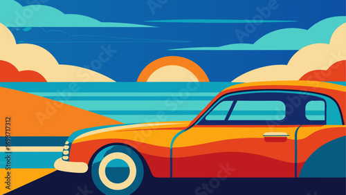 Classic car by the beach at sunset time
