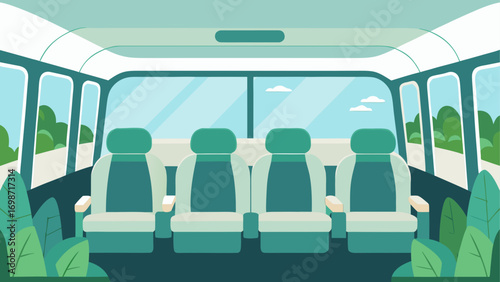 Interior view of a bus with green seats