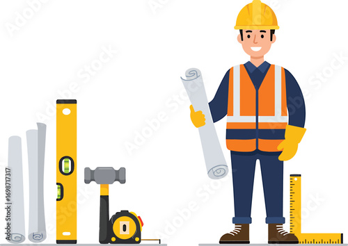 Male builder representing the construction profession, a flat vector illustration of a foreman with architectural plans and equipment
