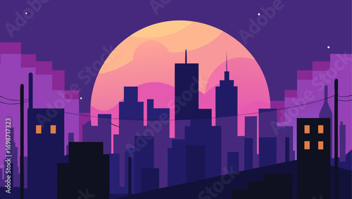 Cityscape silhouette with a sunset backdrop