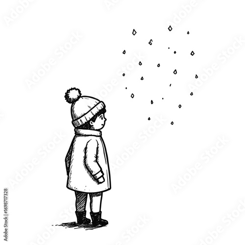 Child marveling at falling snowflakes, winter wonder
