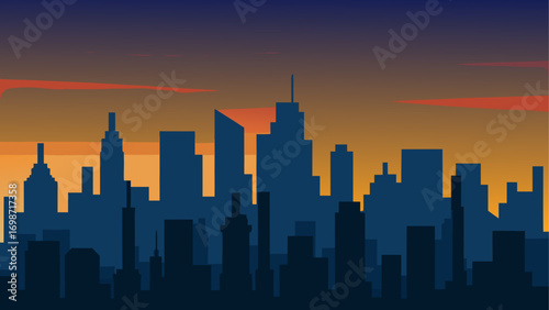 City skyline silhouette at sunset time