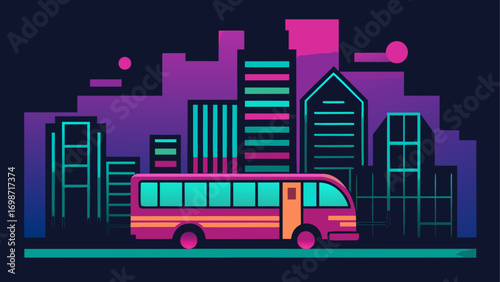 A bus in a city with a purple color cast