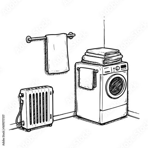 Folded laundry by heater in cozy home, warmth and comfort