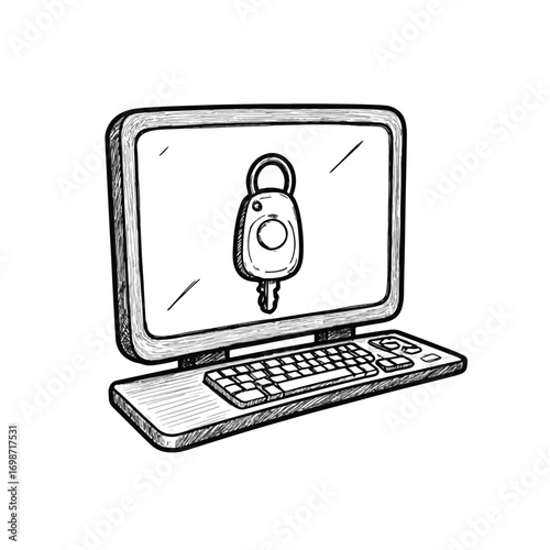 Key fob illustration on computer screen, digital sketch concept