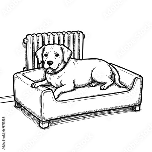 Cozy dog resting on bed near radiator, warmth and comfort