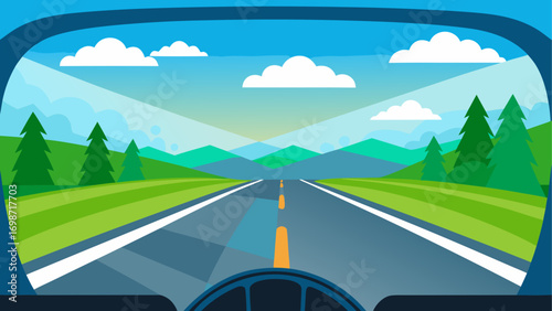 Driving view of road with trees and hills