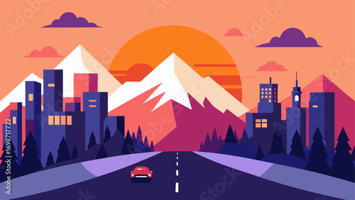 Cityscape with mountains and sunset view