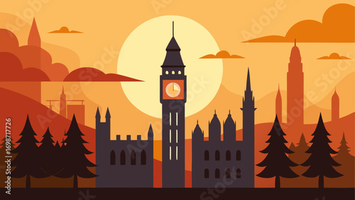 London cityscape at sunset illustration