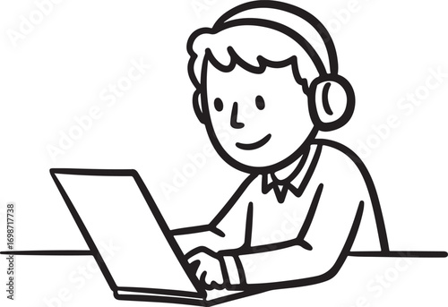 Simple Line Art Illustration of a Boy with Headphones Studying on a Laptop
