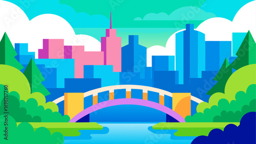 City skyline with bridge and park scenery