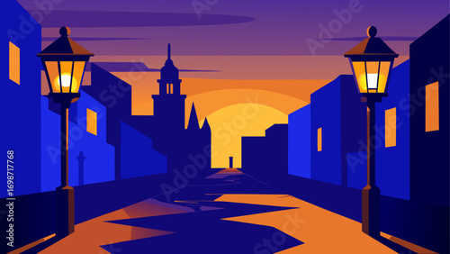 City street with lamps at sunset evening