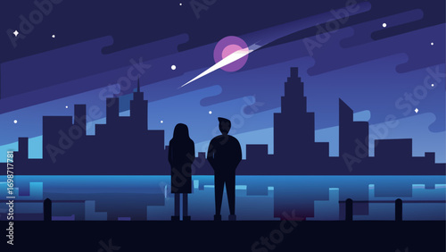 Couple watching a shooting star over city