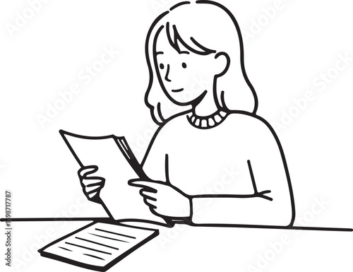Minimalist Line Drawing of a Woman Reading Documents at a Desk