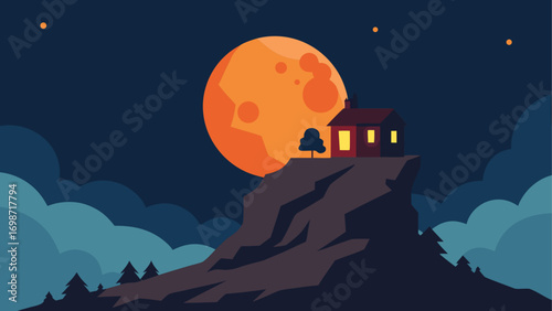 House on a cliff at night with a full moon