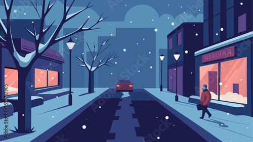 Evening cityscape in winter with snowfall