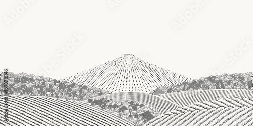 Stylized black and white landscape featuring rolling hills trees and a conical mountain peak rendered in dots