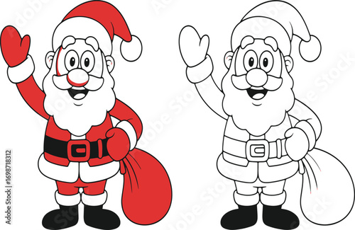 Santa Claus Cartoon Character Line Art and Colored Illustration Featuring a Cheerful Santa Waving with a Sack of Gifts